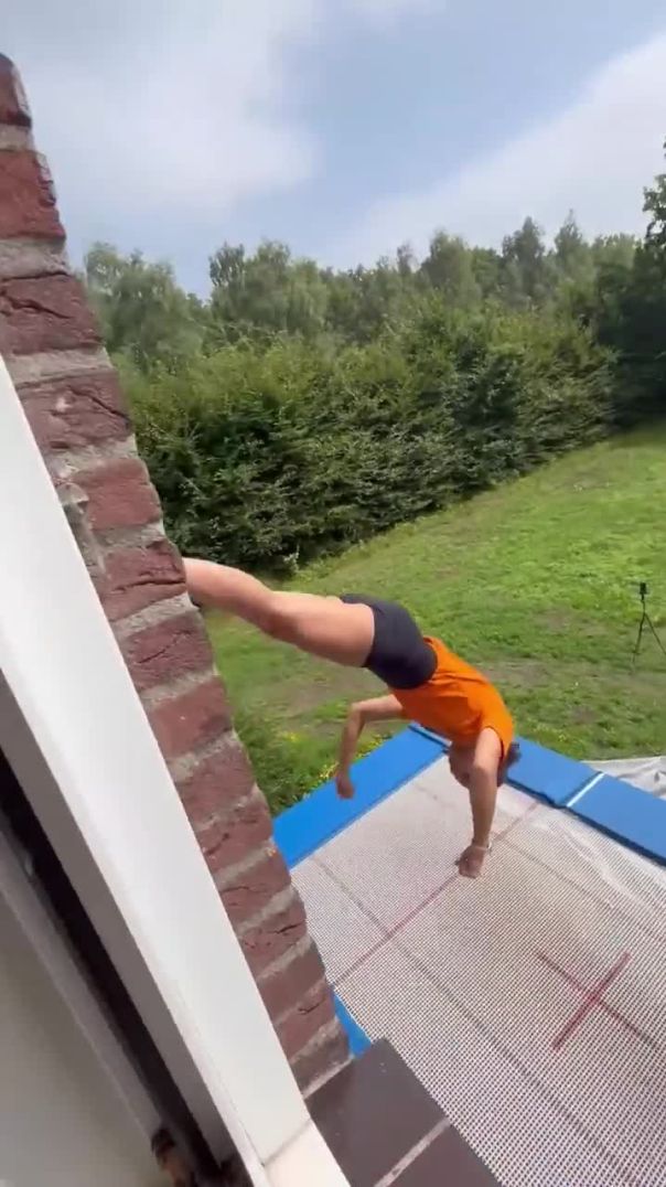Girl Jump From Window to Trampoline Then Bounce Back to Same Spot