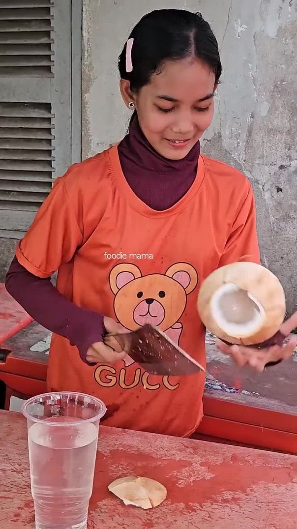 Hardworking Girl Selling Coconut Juice - Fruit Cutting Skills