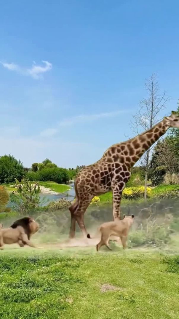 Adult giraffes can easily deal with several lions at close range with wild animals. Animal fighting
