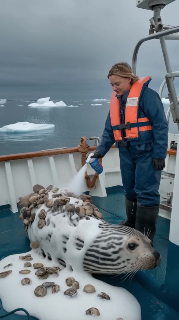 A seal is parasitized by a clam and is asking a woman for help