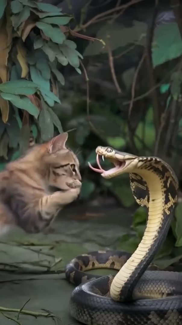 Pertarungan sengit kucing pemberani vs king cobra #kucing #kucingvsular #cat #ularcobra #kucinglucu