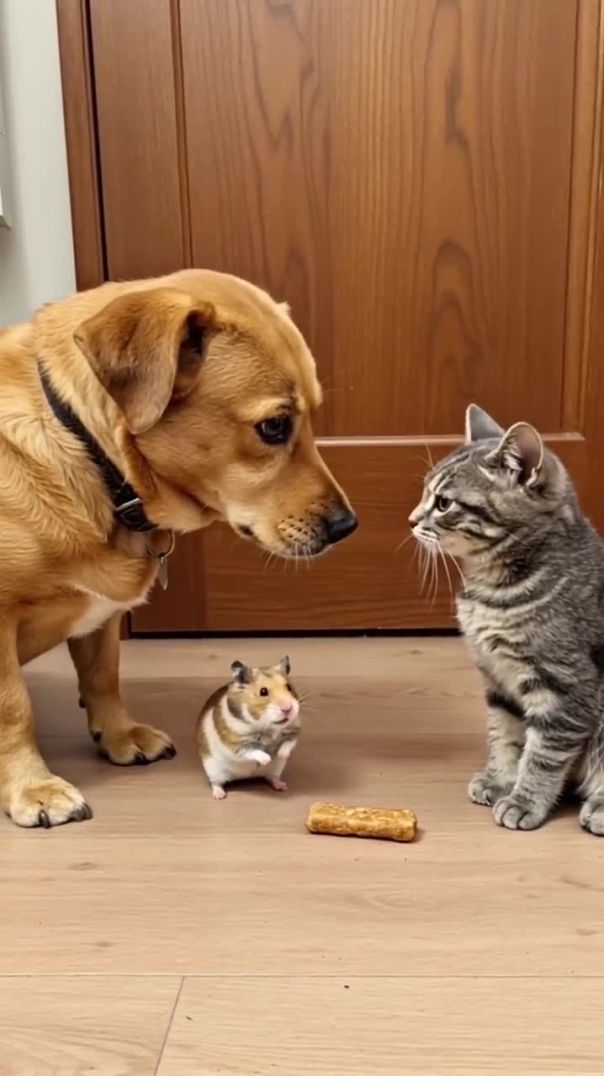 Funny! A dog, a cat, and a hamster who gets the meal? #meal