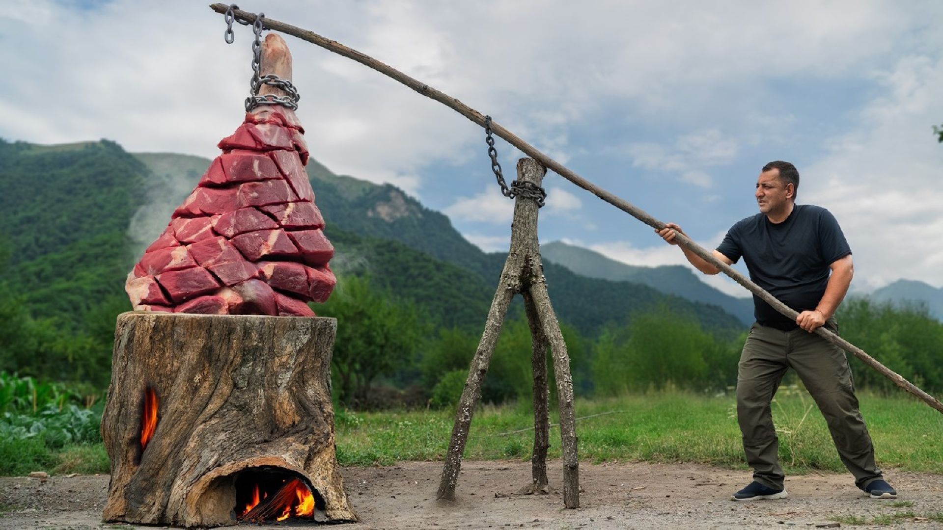 Slow-Cooked Beef Leg | Smoldering Log Fire Cooking 🔥🥩