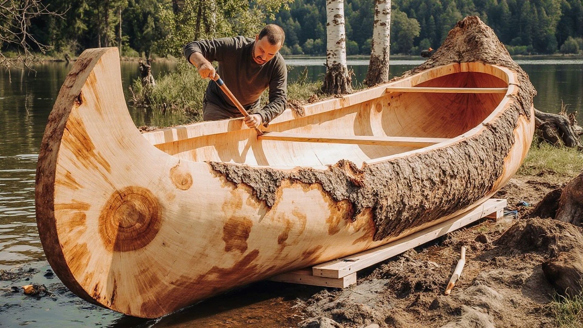 One Man Transforms a Giant Tree into a Massive Wooden Boat