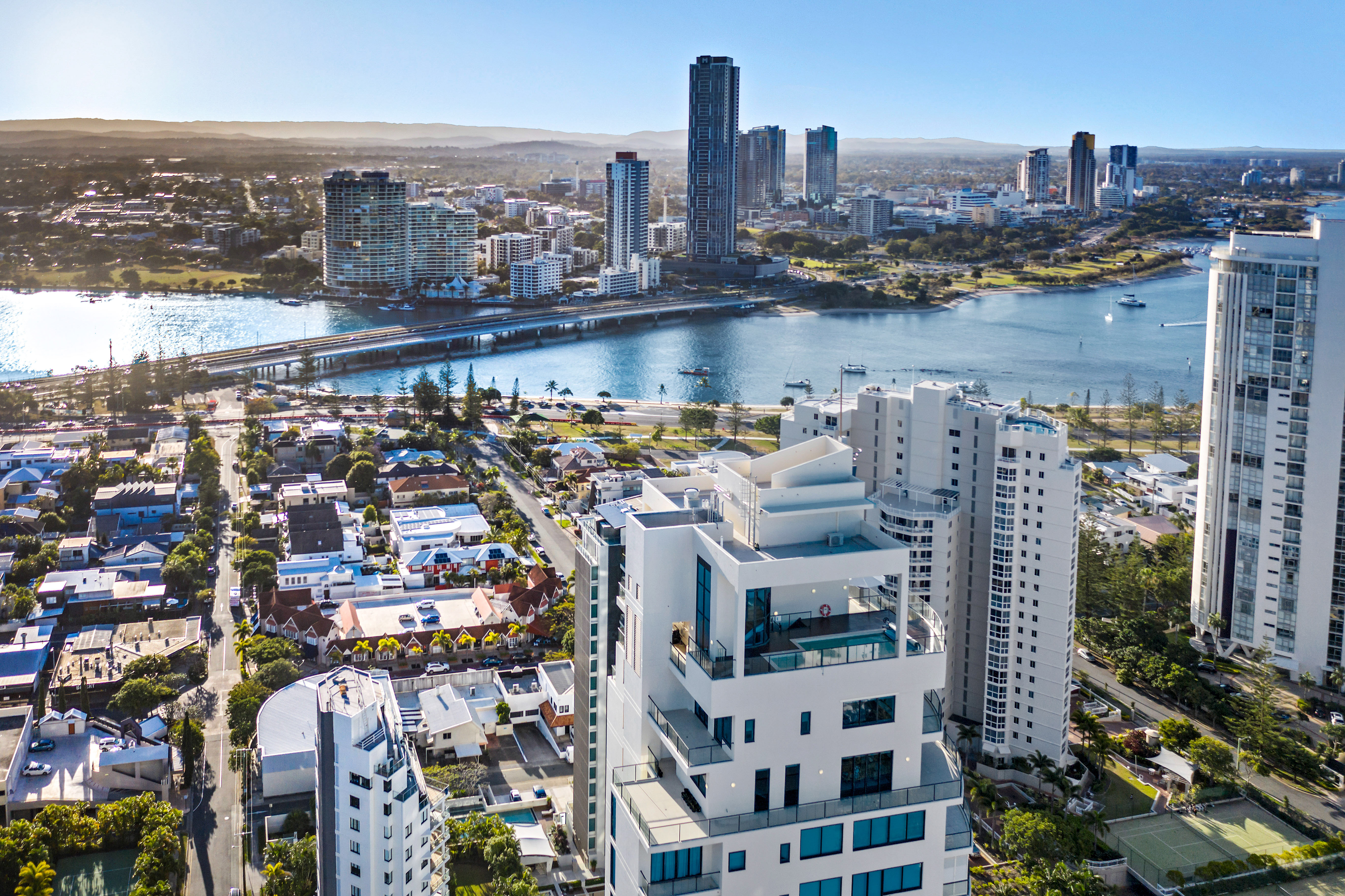 Drone image highlighting lot position and landscape