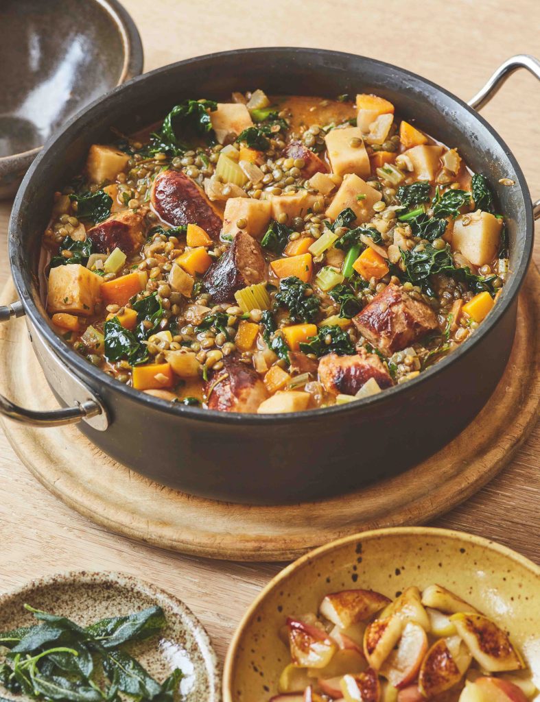 Recope from How to eat 30 Plants a Week by Hugh Fearnley-Wittingstall - sausage with lentils and vegetables