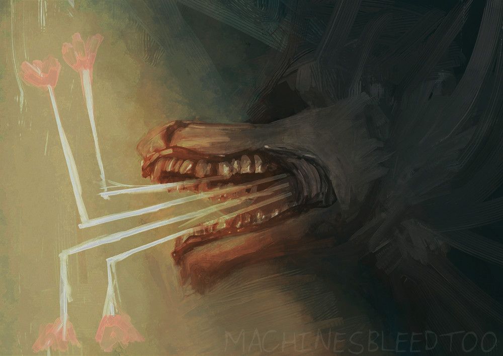 A messy painting of some kind of fur-covered long snout beast. half of the painting is shrouded in greenish shadow and the other half is bathed in golden light. its eyes are obscured by shadow - or perhaps it has none - and its mouth, wielding human-like teeth, is wide open. Four white lines are coming out of its mouth. They bend at right angles, up and down, and pink flowers are scribbled at the ends.