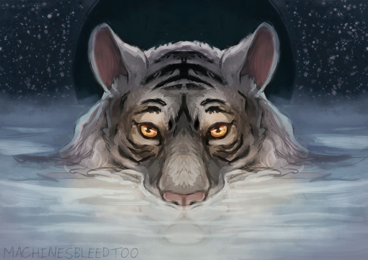 A painting of a white tiger with glowing orange eyes. It is mostly submerged in silver water with only the top half of its head rising above it. the fur on the sides of its face is long and flowy, like hair. The sky is dark and speckled with stars. There is an enormous dark purple full moon in the background.