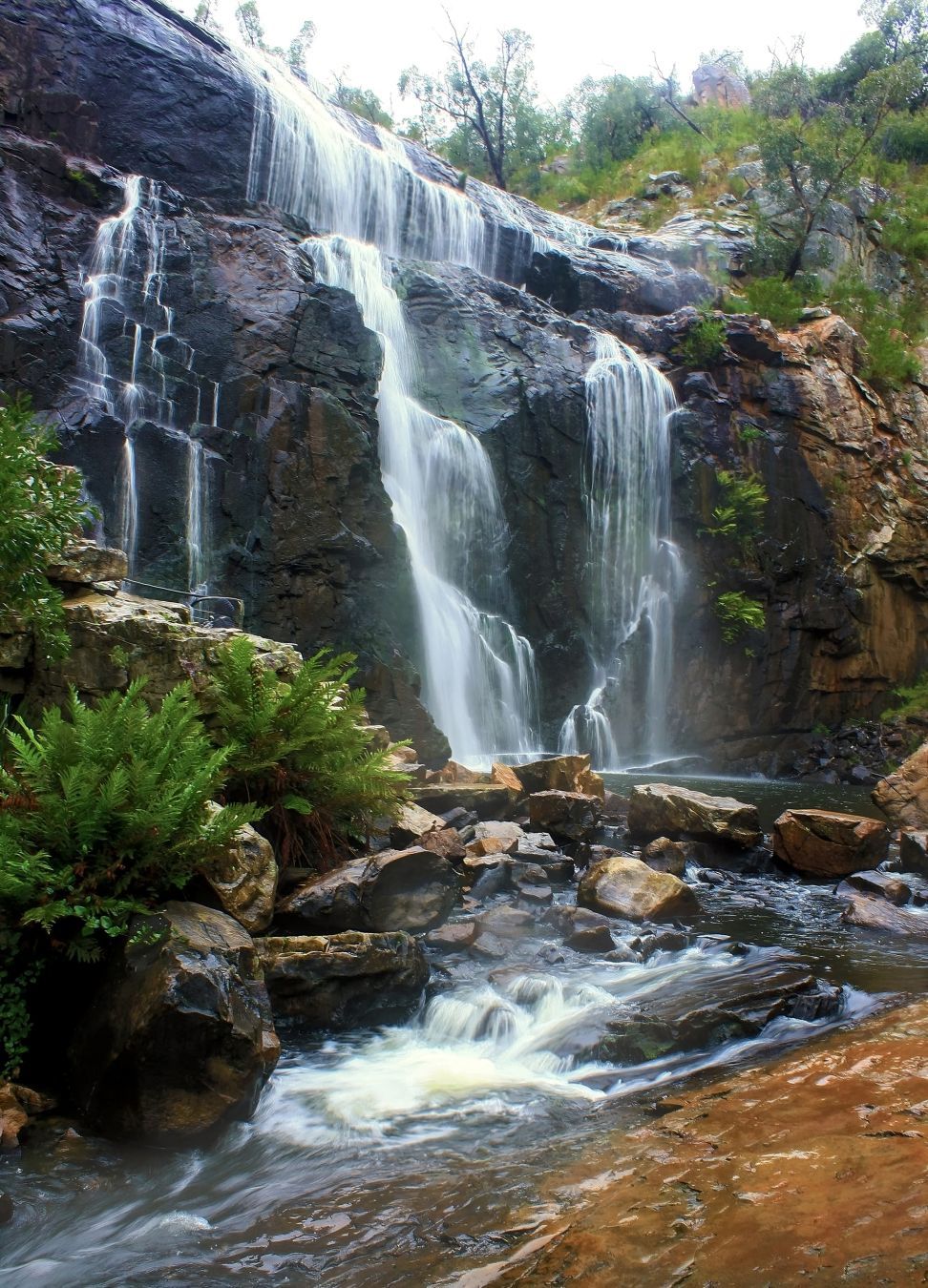 Waterfalls falling on big rocks. On the side are ferns and trees.